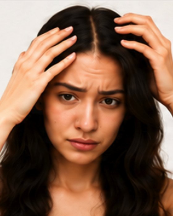 A patient checking thinning hair at the parting